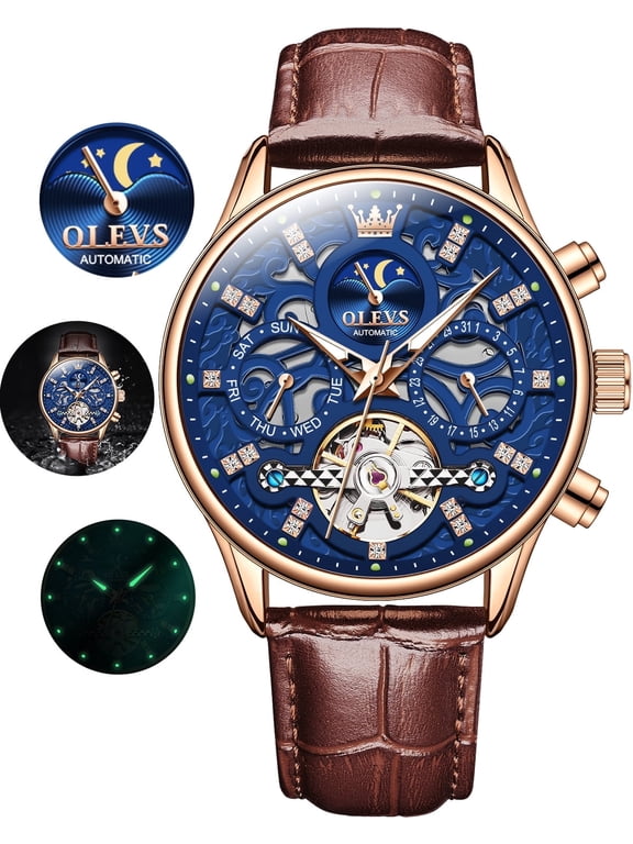 Automatic Watches for Men Self Winding Mechanical Chronograph Skeleton Flywheel Luxury Dress Black Brown Leather Diamond Moon Phase Waterproof Luminous Mens Wrist Watches Reloj Para Hombre