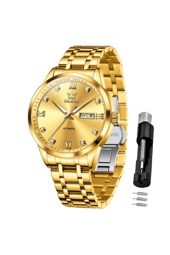 Automatic Watches for Men Self Winding Mechanical Classic Dress Luminous Multi Calendar Stainless Steel Plated Golden Fashion Two Tone Mens Wrist Watches Reloj Para Hombre