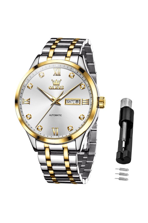 Automatic Watches for Men Self Winding Mechanical Classic Dress Luminous Multi Calendar Stainless Steel Plated Golden Fashion Two Tone Mens Wrist Watches Reloj Para Hombre