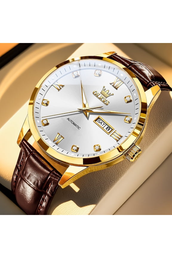 Automatic Watches for Men Self Winding Mechanical Classic Dress Multi Calendar Luminous Two Tone Pu Leather Fashion Mens Wrist Watches Reloj Para Hombre