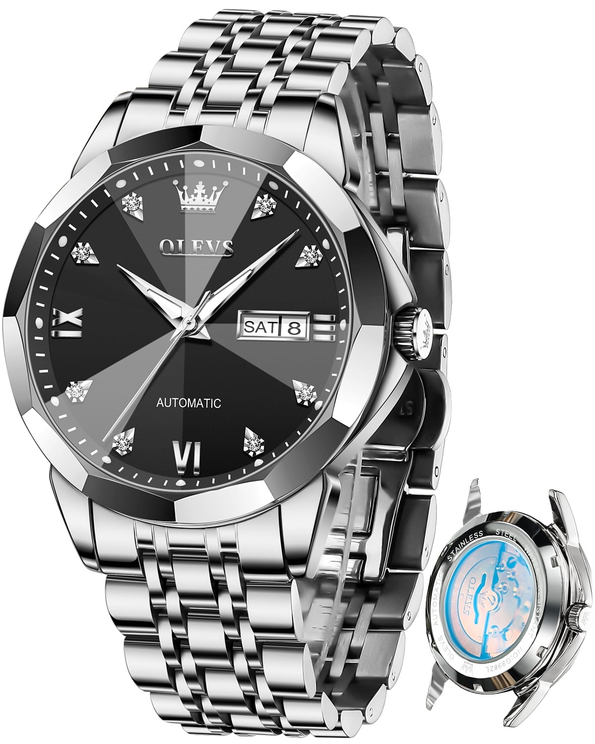 OLEVS Automatic Watches for Men Self Winding Mechanical Luxury Dress Stainless Steel Two Tone Strap Diamond Waterproof Luminous Date Mens Wrist Watches Reloj Para Hombre Black/Blue/Gold/White