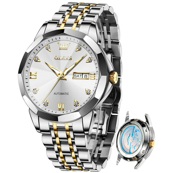 OLEVS Automatic Watches for Men Self Winding Mechanical Luxury Dress Stainless Steel Two Tone Strap Diamond Waterproof Luminous Date Mens Wrist Watches Reloj Para Hombre Black/Blue/Gold/White