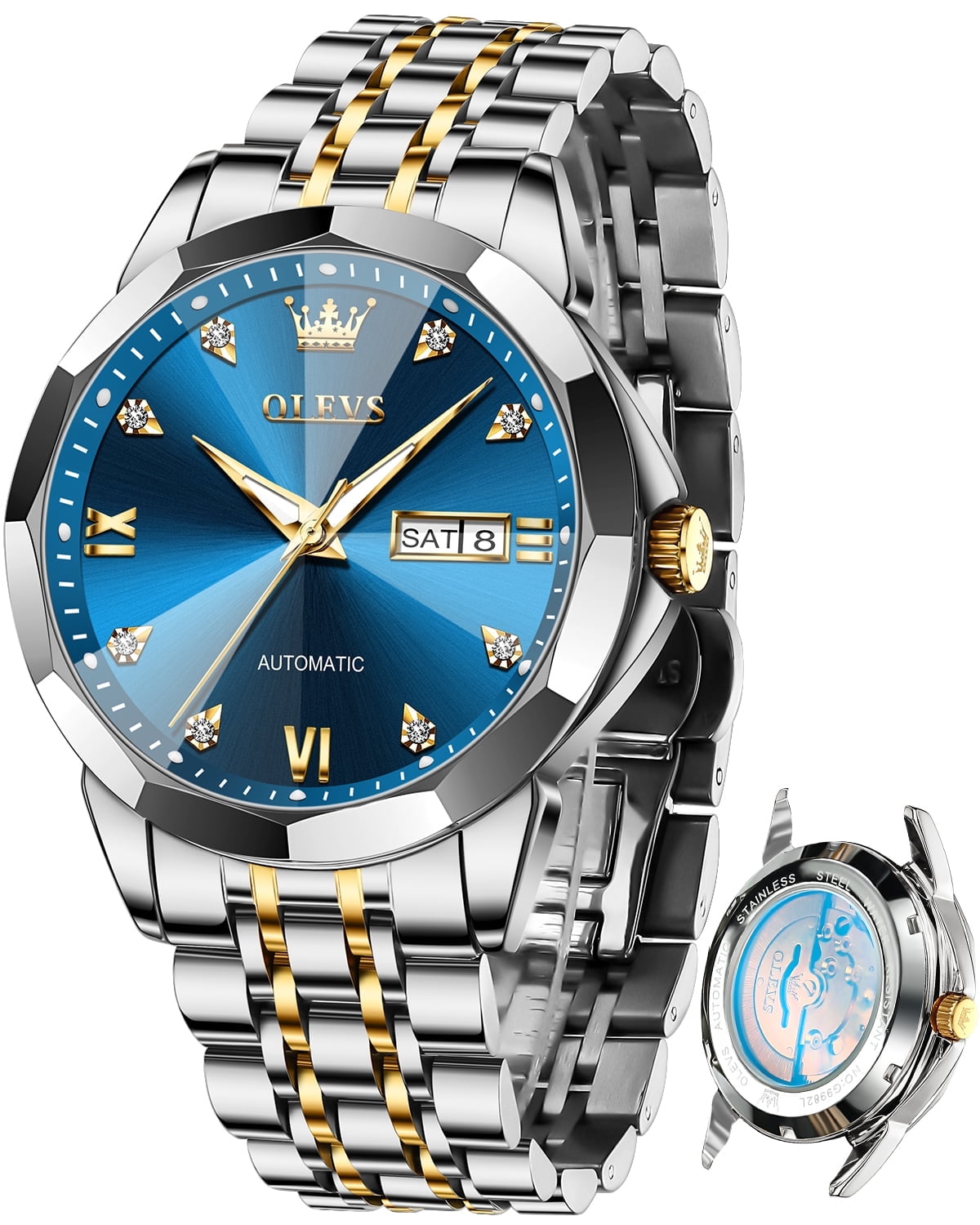 OLEVS Automatic Watches for Men Self Winding Mechanical Luxury Dress Stainless Steel Two Tone Strap Diamond Waterproof Luminous Date Mens Wrist Watches Reloj Para Hombre Black/Blue/Gold/White