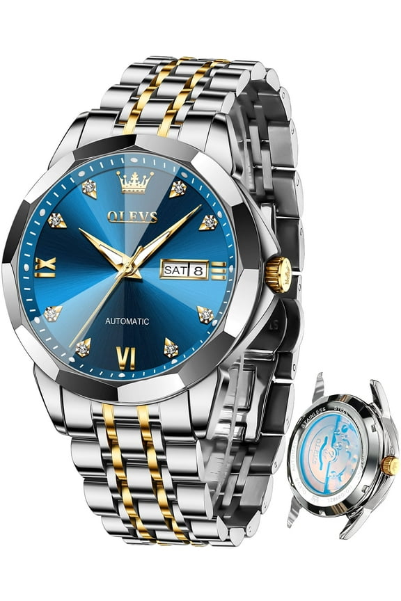 Automatic Watches for Men Self Winding Mechanical Luxury Dress Stainless Steel Two Tone Strap Diamond Waterproof Luminous Date Mens Wrist Watches Reloj Para Hombre Black/Blue/Gold/White