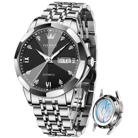 OLEVS Automatic Watches for Men Self Winding Mechanical Luxury Dress Stainless Steel Two Tone Strap Diamond Waterproof Luminous Date Mens Wrist Watches Reloj Para Hombre Black/Blue/Plated Gold/White