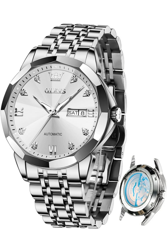 Automatic Watches for Men Self Winding Mechanical Luxury Dress Stainless Steel Two Tone Strap Diamond Waterproof Luminous Date Mens Wrist Watches Reloj Para Hombre Black/Blue/Gold/White