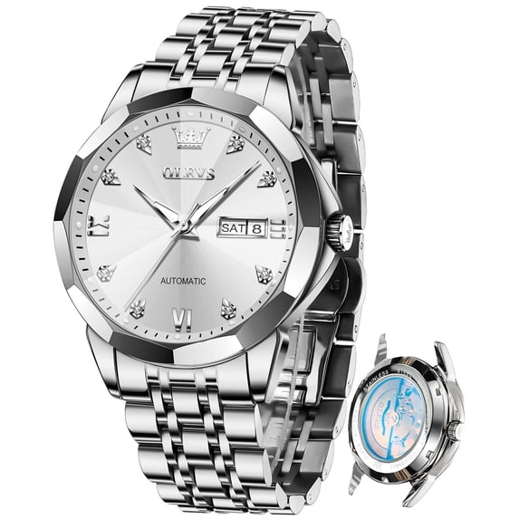 OLEVS Automatic Watches for Men Self Winding Mechanical Luxury Dress Stainless Steel Two Tone Strap Diamond Waterproof Luminous Date Mens Wrist Watches Reloj Para Hombre Black/Blue/Plated Gold/White