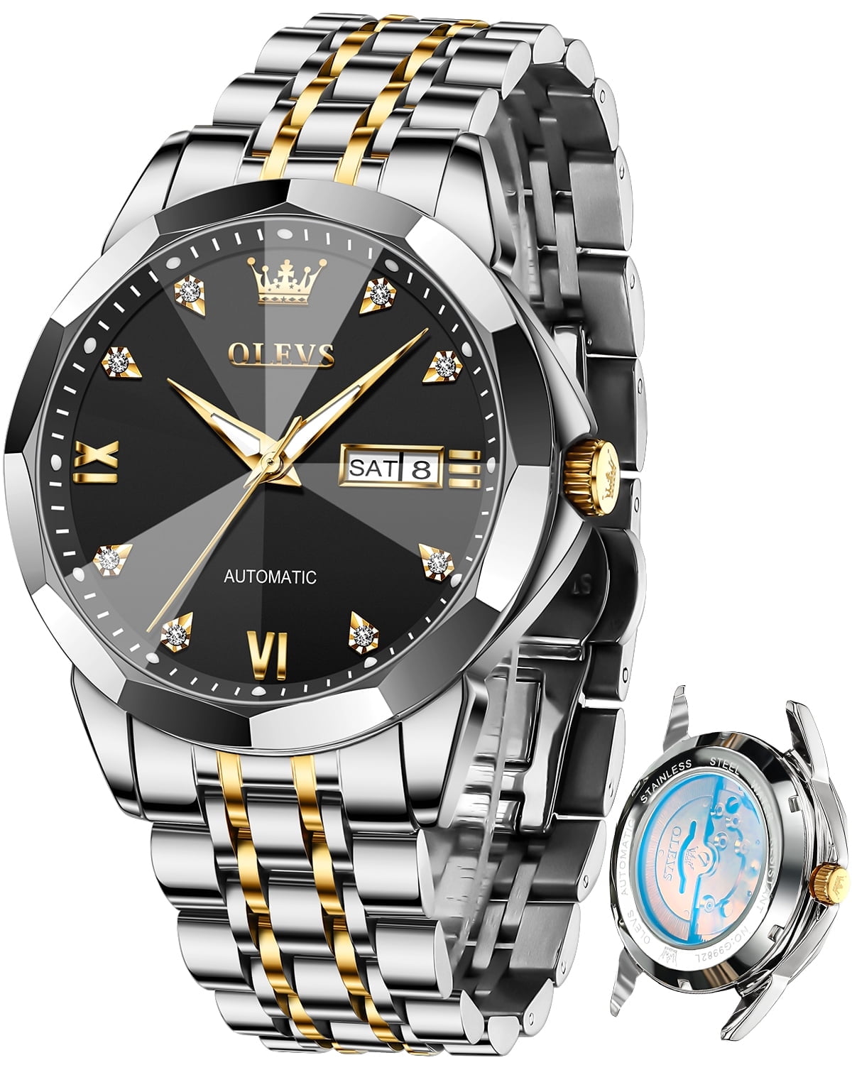 OLEVS Automatic Watches for Men Self Winding Mechanical Luxury Dress Stainless Steel Two Tone Strap Diamond Waterproof Luminous Date Mens Wrist Watches Reloj Para Hombre Black/Blue/Gold/White