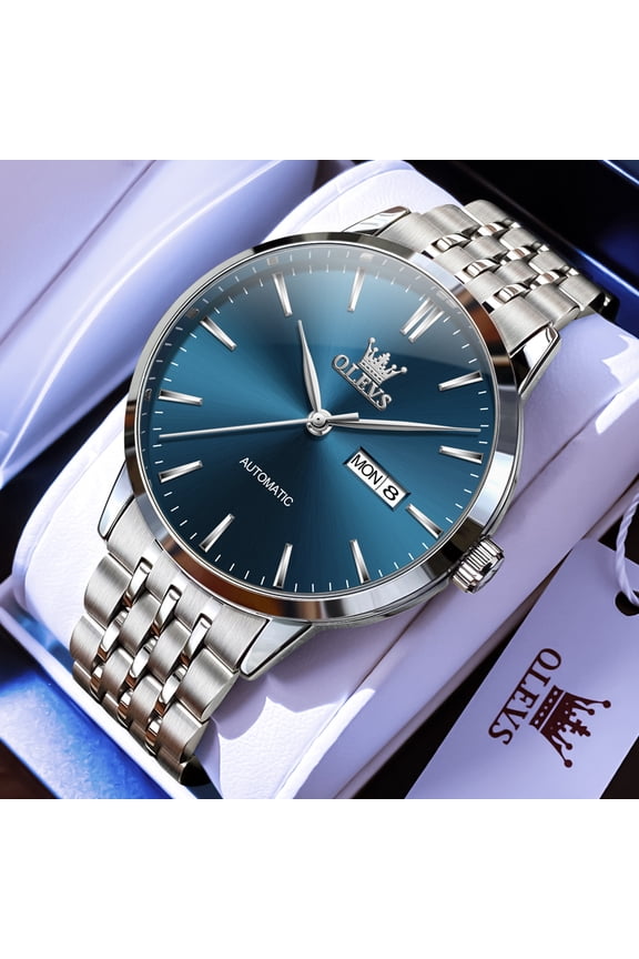 Automatic Watches for Men Self Winding Mechanical Multi Calendar Luxury Dress Two Tone Plated Golden Big Face Stainless Steel Bracelet Roman Numeral Luminous Para Hombre