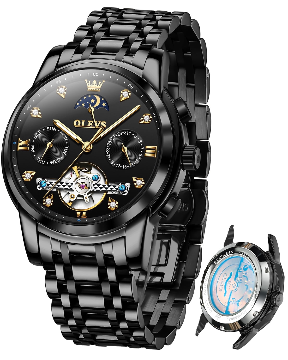 OLEVS Automatic Watches for Men Self Winding Mechanical Skeleton Flywheel Chronograph Luxury Dress Stainless Steel Diamond Moon Phase Waterproof Luminous Mens Wrist Watches Reloj Para Hombre