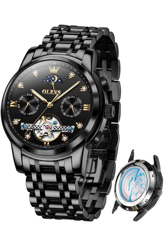 Automatic Watches for Men Self Winding Mechanical Skeleton Flywheel Chronograph Luxury Dress Stainless Steel Diamond Moon Phase Waterproof Luminous Mens Wrist Watches Reloj Para Hombre