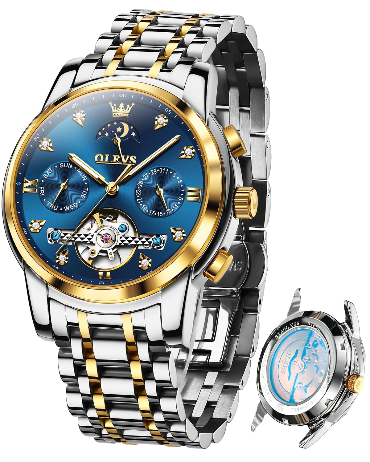 OLEVS Automatic Watches for Men Self Winding Mechanical Skeleton Flywheel Chronograph Luxury Dress Stainless Steel Diamond Moon Phase Waterproof Luminous Mens Wrist Watches Reloj Para Hombre