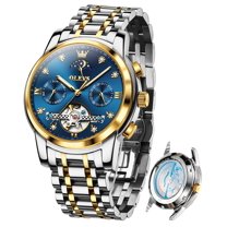 OLEVS Automatic Watches for Men Self Winding Mechanical Skeleton Flywheel Chronograph Luxury Dress Stainless Steel Diamond Moon Phase Waterproof Luminous Mens Wrist Watches Reloj Para Hombre