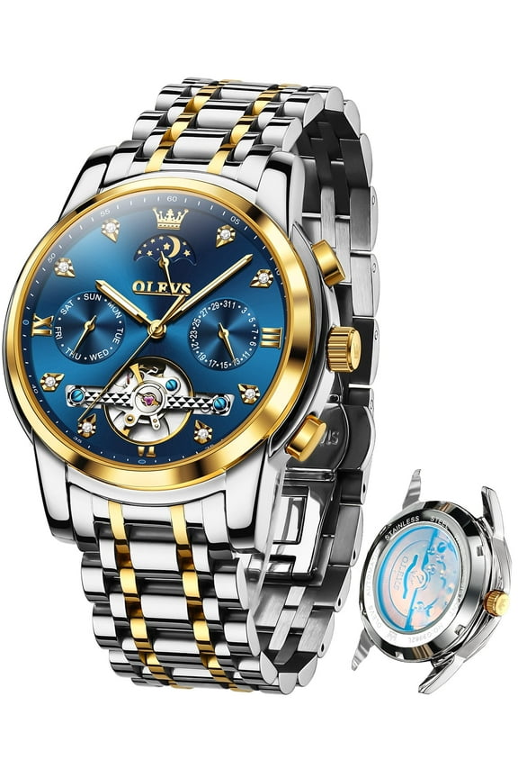 Automatic Watches for Men Self Winding Mechanical Skeleton Flywheel Chronograph Luxury Dress Stainless Steel Diamond Moon Phase Waterproof Luminous Mens Wrist Watches Reloj Para Hombre