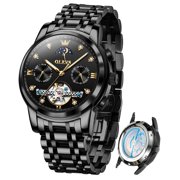 OLEVS Automatic Watches for Men Self Winding Mechanical Skeleton Flywheel Chronograph Luxury Dress Stainless Steel Diamond Moon Phase Waterproof Luminous Mens Wrist Watches Reloj Para Hombre