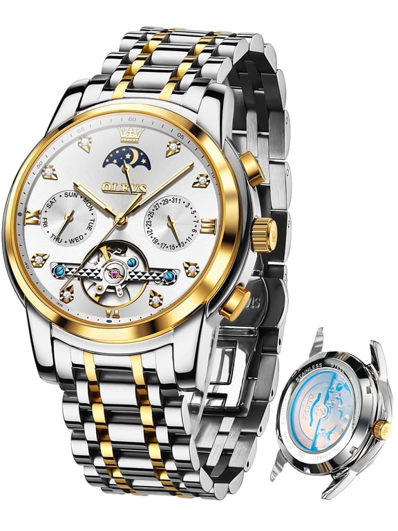 Automatic Watches for Men Self Winding Mechanical Skeleton Flywheel Chronograph Luxury Dress Stainless Steel Diamond Moon Phase Waterproof Luminous Mens Wrist Watches Reloj Para Hombre