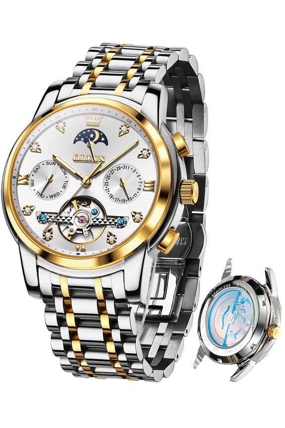 Automatic Watches for Men Self Winding Mechanical Skeleton Flywheel Chronograph Luxury Dress Stainless Steel Diamond Moon Phase Waterproof Luminous Mens Wrist Watches Reloj Para Hombre