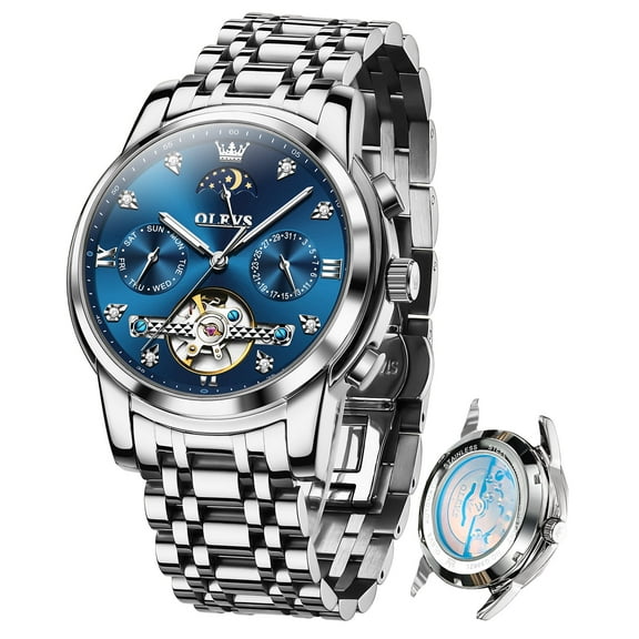 OLEVS Automatic Watches for Men Self Winding Mechanical Skeleton Flywheel Chronograph Luxury Dress Stainless Steel Diamond Moon Phase Waterproof Luminous Mens Wrist Watches Reloj Para Hombre
