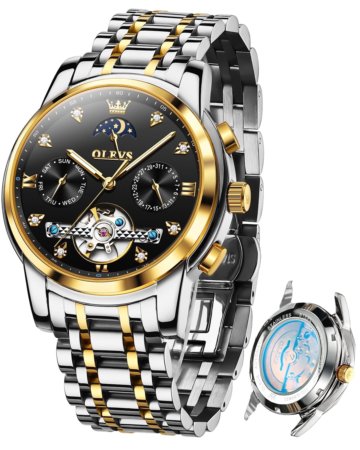 OLEVS Automatic Watches for Men Self Winding Mechanical Skeleton Flywheel Chronograph Luxury Dress Stainless Steel Diamond Moon Phase Waterproof Luminous Mens Wrist Watches Reloj Para Hombre