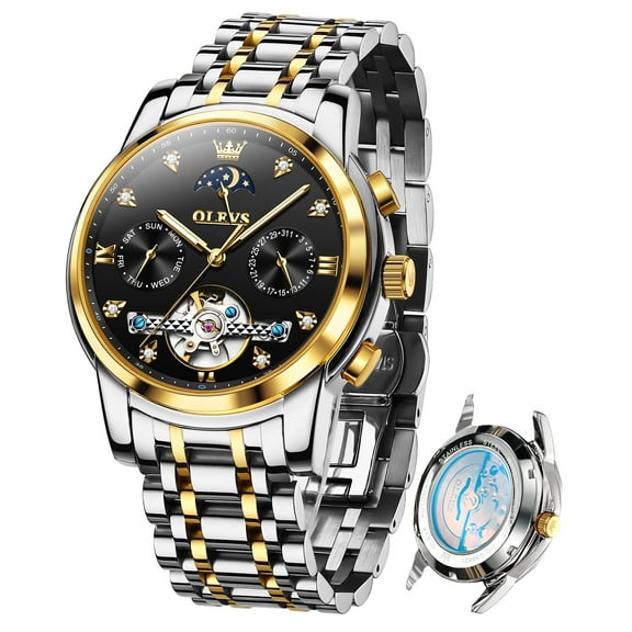 OLEVS Automatic Watches for Men Self Winding Mechanical Skeleton Flywheel Chronograph Luxury Dress Stainless Steel Diamond Moon Phase Waterproof Luminous Mens Wrist Watches Reloj Para Hombre