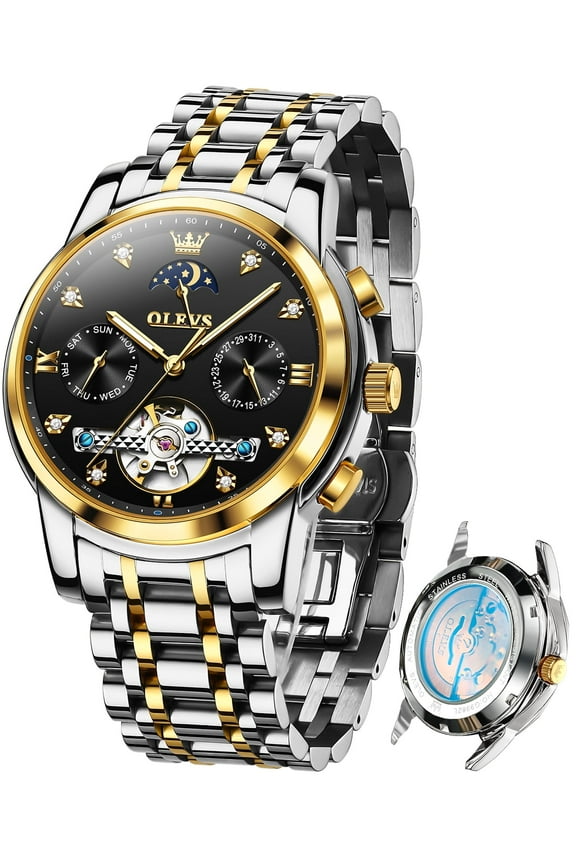 Automatic Watches for Men Self Winding Mechanical Skeleton Flywheel Chronograph Luxury Dress Stainless Steel Diamond Moon Phase Waterproof Luminous Mens Wrist Watches Reloj Para Hombre