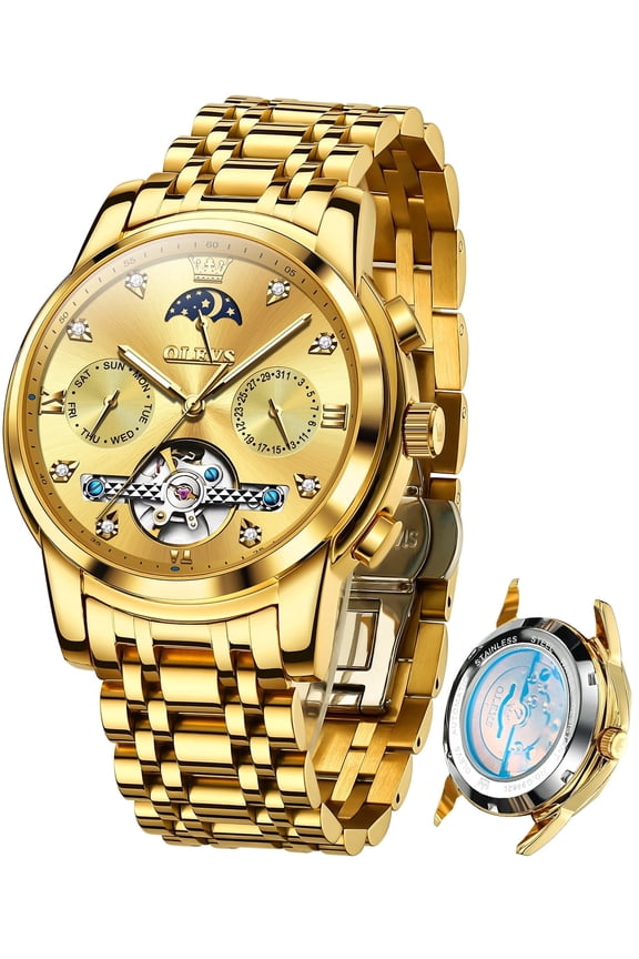 Automatic Watches for Men Self Winding Mechanical Skeleton Flywheel Chronograph Luxury Dress Stainless Steel Diamond Moon Phase Waterproof Luminous Mens Wrist Watches Reloj Para Hombre