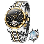 OLEVS Automatic Watches for Men Self Winding Mechanical Skeleton Flywheel Chronograph Luxury Dress Stainless Steel Diamond Moon Phase Waterproof Luminous Mens Wrist Watches Reloj Para Hombre