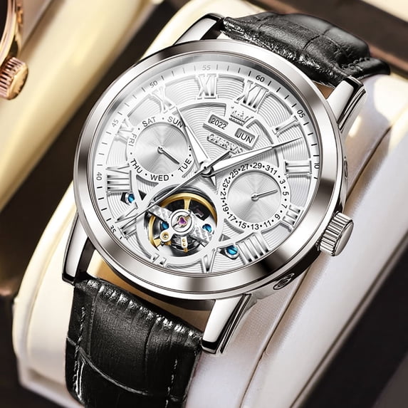 OLEVS Automatic Watches for Men Self Winding Mechanical Skeleton Flywheel Multifunction Luxury Dress Roma Rumerals Calendar Waterproof Luminous Men Wrist Watches Leather