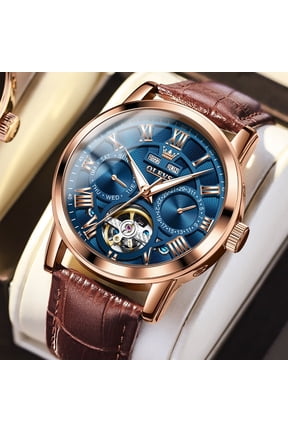 Automatic Watches for Men Self Winding Mechanical Skeleton Flywheel Multifunction Luxury Dress Roma Rumerals Calendar Waterproof Luminous Men Wrist Watches Leather