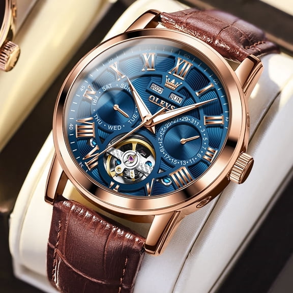 OLEVS Automatic Watches for Men Self Winding Mechanical Skeleton Flywheel Multifunction Luxury Dress Roma Rumerals Calendar Waterproof Luminous Men Wrist Watches Leather