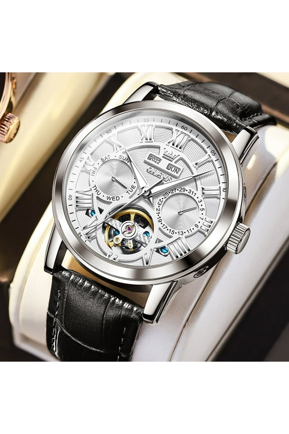 Automatic Watches for Men Self Winding Mechanical Skeleton Flywheel Multifunction Luxury Dress Roma Rumerals Calendar Waterproof Luminous Men Wrist Watches Leather