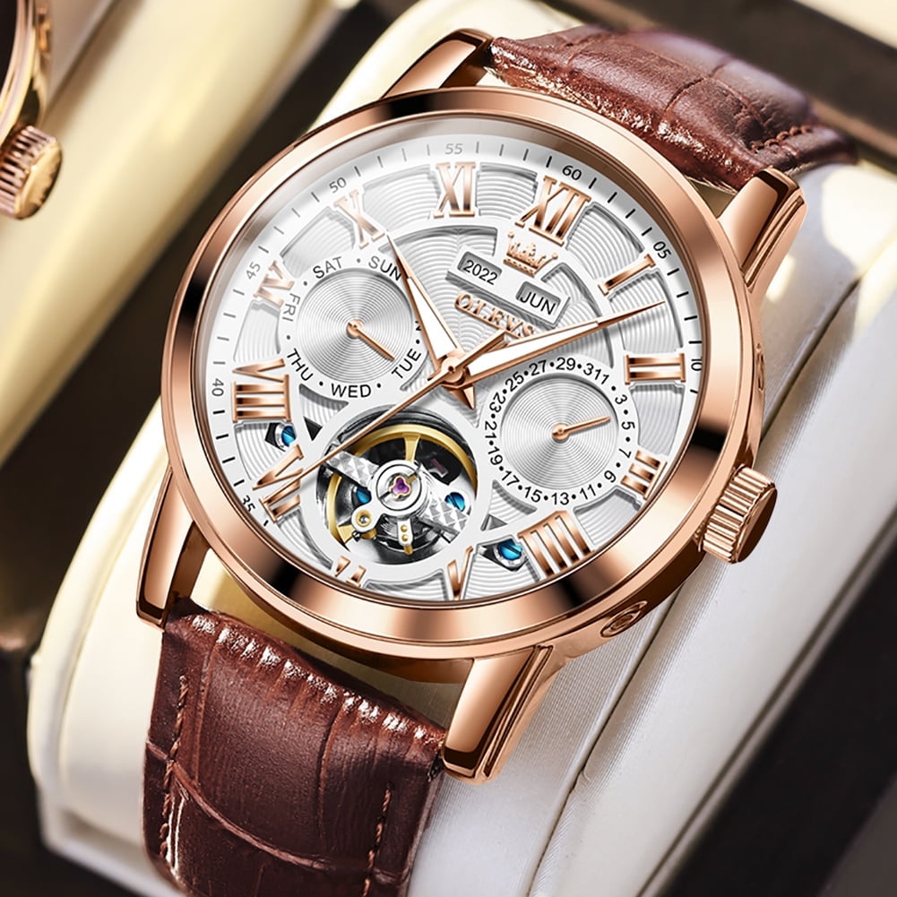 OLEVS Automatic Watches for Men Self Winding Mechanical Skeleton Flywheel Multifunction Luxury Dress Roma Rumerals Calendar Waterproof Luminous Men Wrist Watches Leather