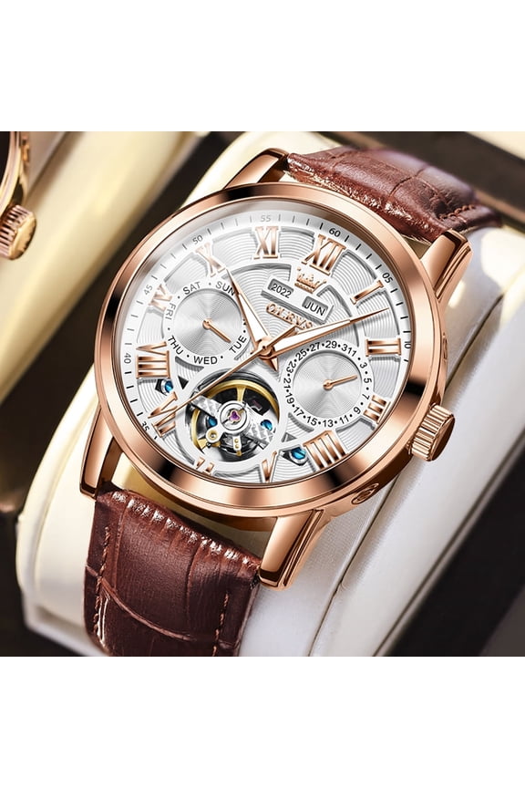 Automatic Watches for Men Self Winding Mechanical Skeleton Flywheel Multifunction Luxury Dress Roma Rumerals Calendar Waterproof Luminous Men Wrist Watches Leather