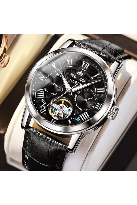 Automatic Watches for Men Self Winding Mechanical Skeleton Flywheel Multifunction Luxury Dress Roma Rumerals Calendar Waterproof Luminous Men Wrist Watches Leather