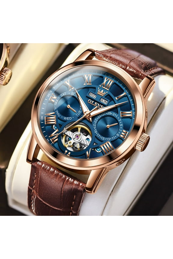 Automatic Watches for Men Self Winding Mechanical Skeleton Flywheel Multifunction Luxury Dress Roma Rumerals Calendar Waterproof Luminous Men Wrist Watches Leather