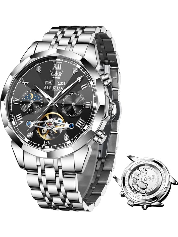 Automatic Watches for Men Self Winding Mechanical Skeleton Luxury Dress Chronograph Gold Plated Stainless Steel Calendar Moon Phase Waterproof Luminous Mens Wrist Watches Reloj Para Hombre