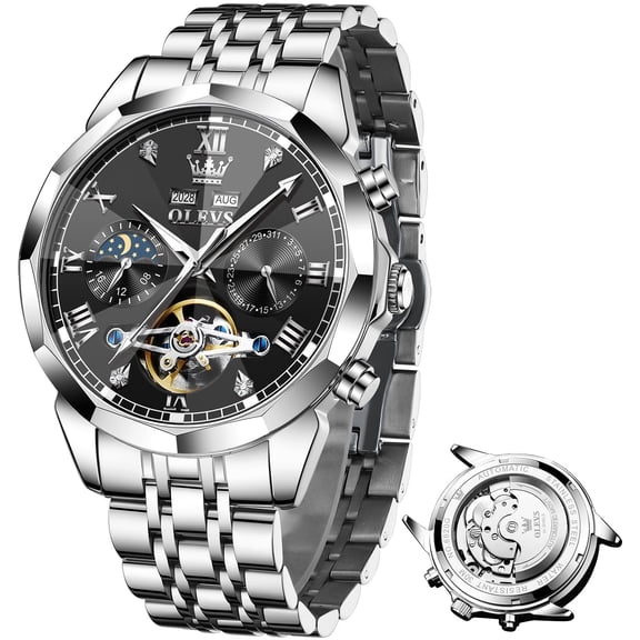 OLEVS Automatic Watches for Men Self Winding Mechanical Skeleton Luxury Dress Chronograph Gold Plated Stainless Steel Calendar Moon Phase Waterproof Luminous Mens Wrist Watches Reloj Para Hombre