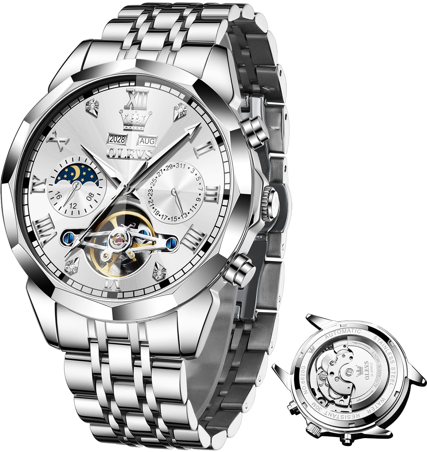 OLEVS Automatic Watches for Men Self Winding Mechanical Skeleton Luxury Dress Chronograph Gold Plated Stainless Steel Calendar Moon Phase Waterproof Luminous Mens Wrist Watches Reloj Para Hombre