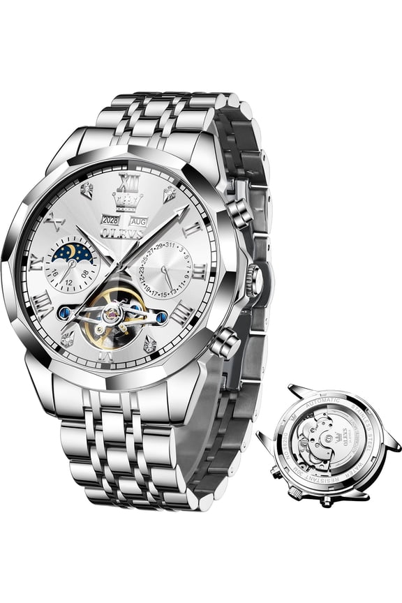 Automatic Watches for Men Self Winding Mechanical Skeleton Luxury Dress Chronograph Gold Plated Stainless Steel Calendar Moon Phase Waterproof Luminous Mens Wrist Watches Reloj Para Hombre