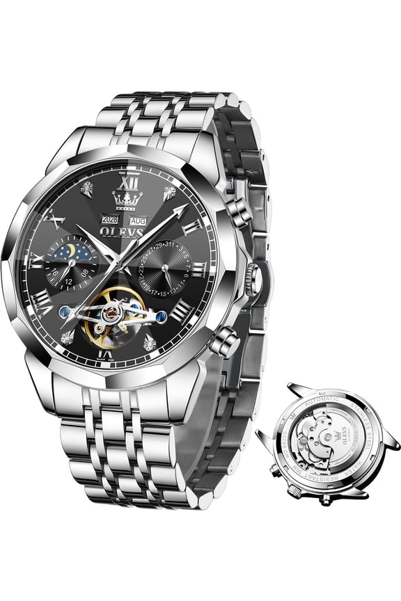 Automatic Watches for Men Self Winding Mechanical Skeleton Luxury Dress Chronograph Gold Plated Stainless Steel Calendar Moon Phase Waterproof Luminous Mens Wrist Watches Reloj Para Hombre