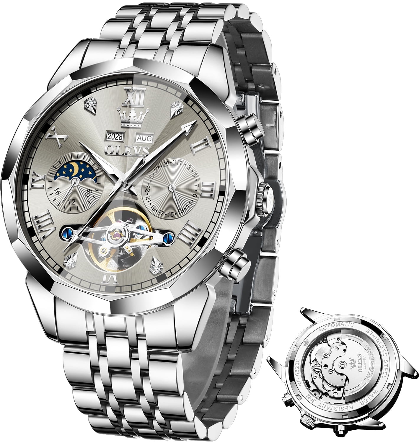 OLEVS Automatic Watches for Men Self Winding Mechanical Skeleton Luxury Dress Chronograph Gold Plated Stainless Steel Calendar Moon Phase Waterproof Luminous Mens Wrist Watches Reloj Para Hombre