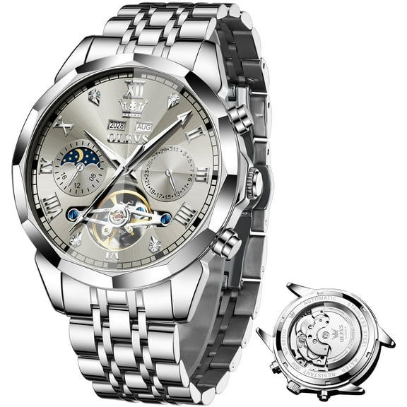 OLEVS Automatic Watches for Men Self Winding Mechanical Skeleton Luxury Dress Chronograph Gold Plated Stainless Steel Calendar Moon Phase Waterproof Luminous Mens Wrist Watches Reloj Para Hombre