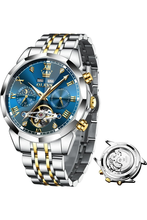 Automatic Watches for Men Self Winding Mechanical Skeleton Luxury Dress Chronograph Gold Plated Stainless Steel Calendar Moon Phase Waterproof Luminous Mens Wrist Watches Reloj Para Hombre