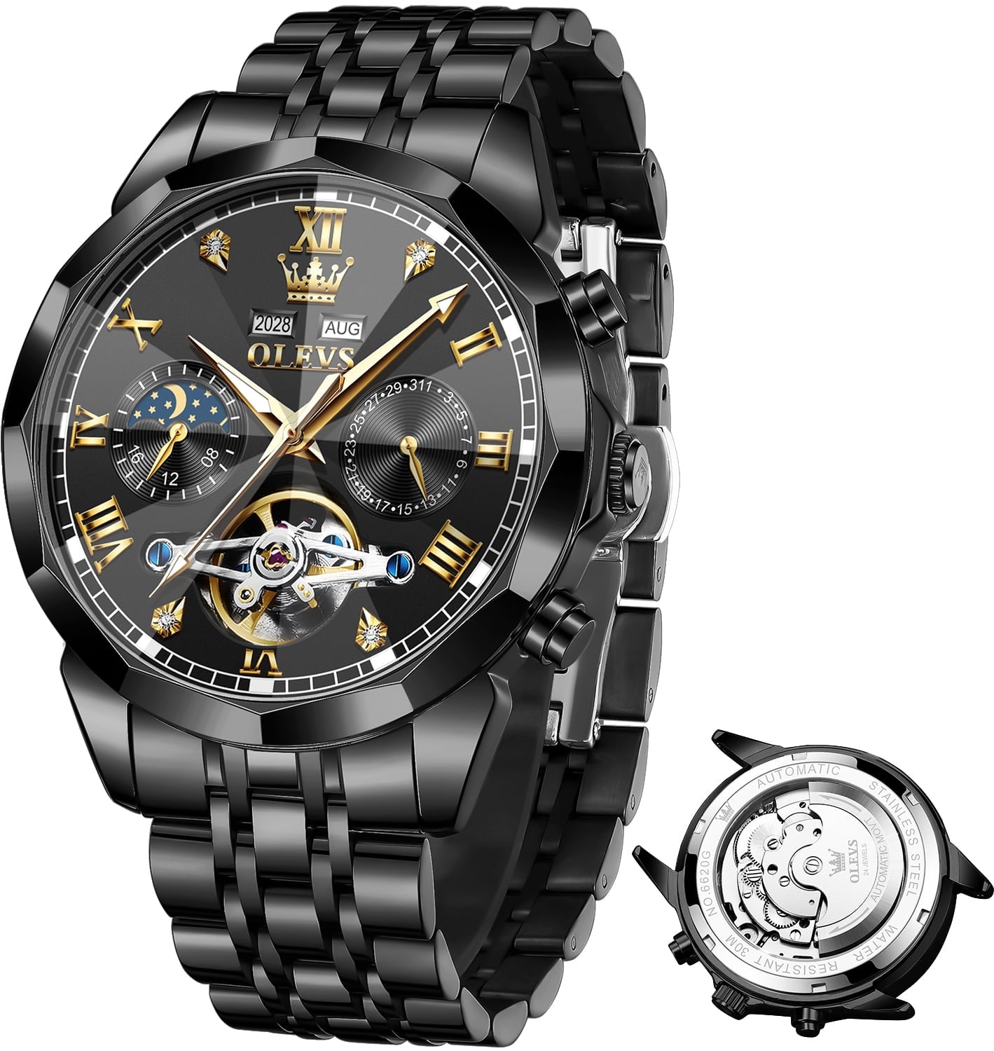 OLEVS Automatic Watches for Men Self Winding Mechanical Skeleton Luxury Dress Chronograph Gold Plated Stainless Steel Calendar Moon Phase Waterproof Luminous Mens Wrist Watches Reloj Para Hombre