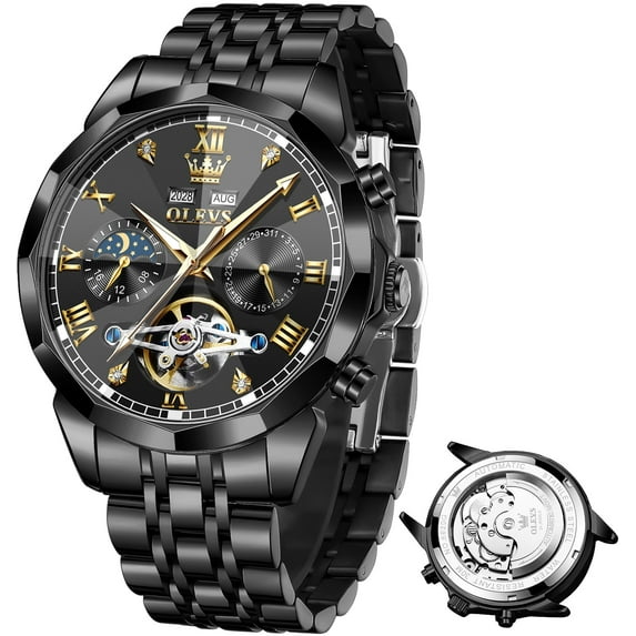 OLEVS Automatic Watches for Men Self Winding Mechanical Skeleton Luxury Dress Chronograph Gold Plated Stainless Steel Calendar Moon Phase Waterproof Luminous Mens Wrist Watches Reloj Para Hombre