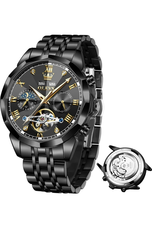 Automatic Watches for Men Self Winding Mechanical Skeleton Luxury Dress Chronograph Gold Plated Stainless Steel Calendar Moon Phase Waterproof Luminous Mens Wrist Watches Reloj Para Hombre