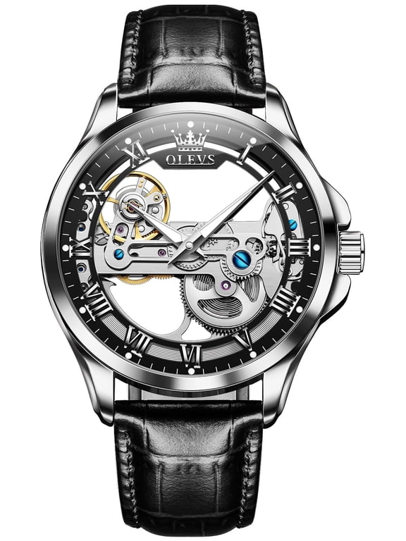 Automatic Watches for Men Skeleton Black Leather Band Large Face Self Winding Mechanical Mens Dress Watches Waterproof Easy to Read Luminous Business Casual Mens Wrist Watches Reloj Para Hombre