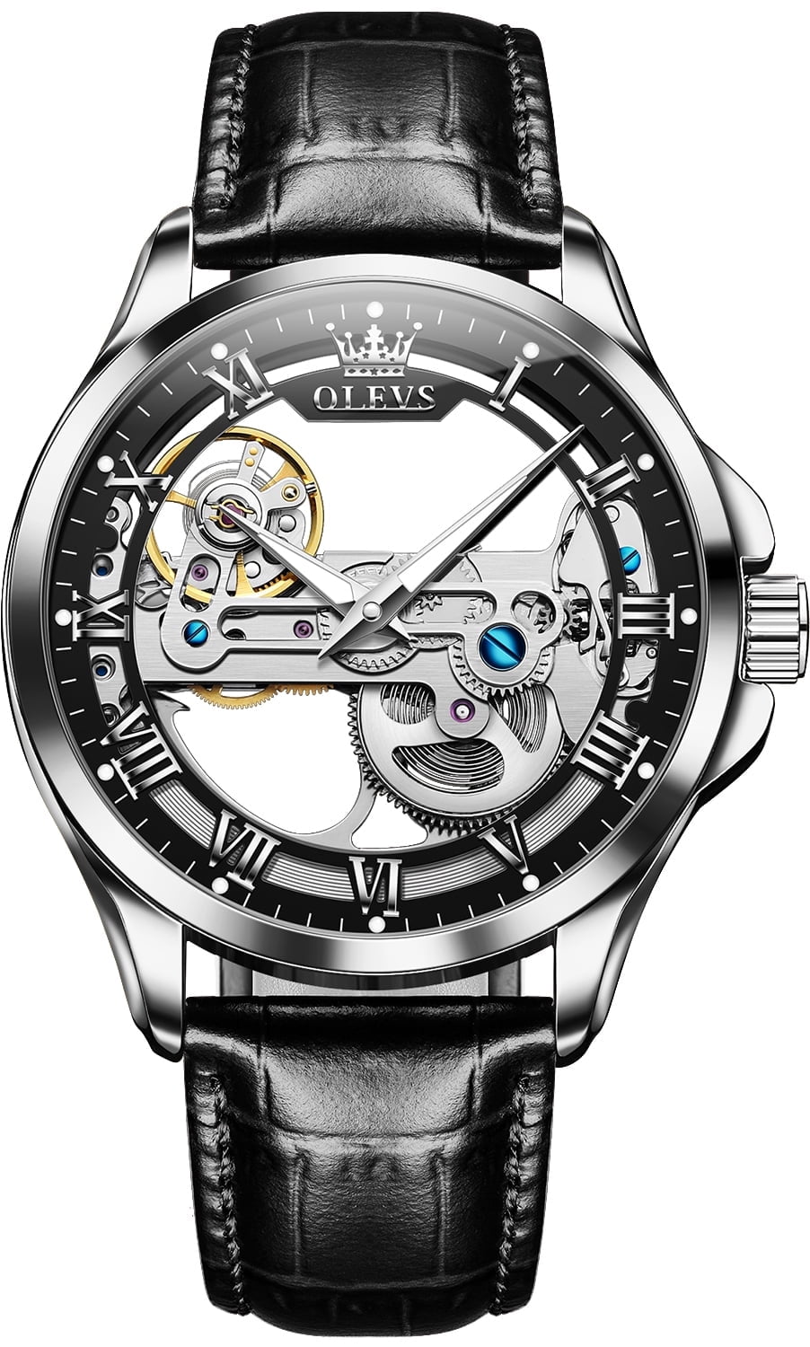 OLEVS Automatic Watches for Men Skeleton Black Leather Band Large Face Self Winding Mechanical Mens Dress Watches Waterproof Easy to Read Luminous Business Casual Mens Wrist Watches Reloj Para Hombre