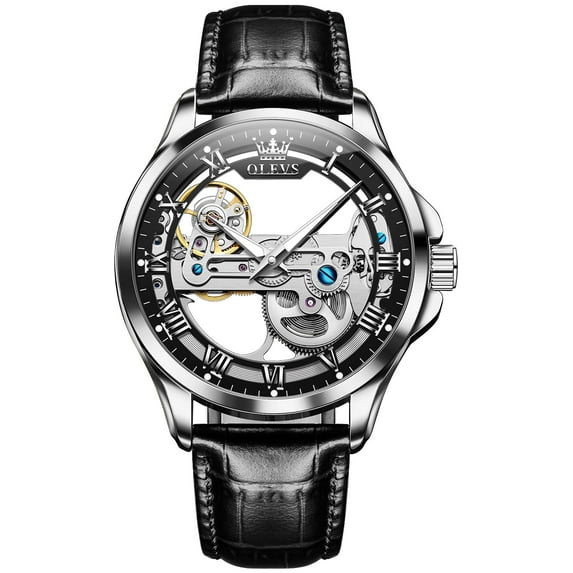 OLEVS Automatic Watches for Men Skeleton Black Leather Band Large Face Self Winding Mechanical Mens Dress Watches Waterproof Easy to Read Luminous Business Casual Mens Wrist Watches Reloj Para Hombre