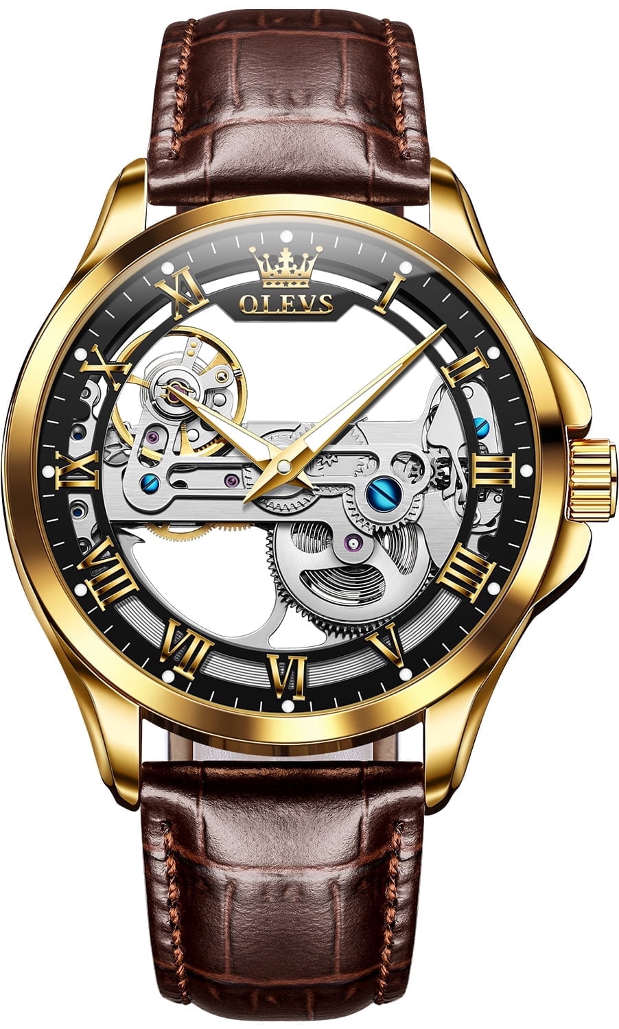 OLEVS Automatic Watches for Men Skeleton Brown Leather Band Large Face Self Winding Mechanical Mens Dress Watches Waterproof Easy to Read Luminous Business Casual Mens Wrist Watches Reloj Para Hombre